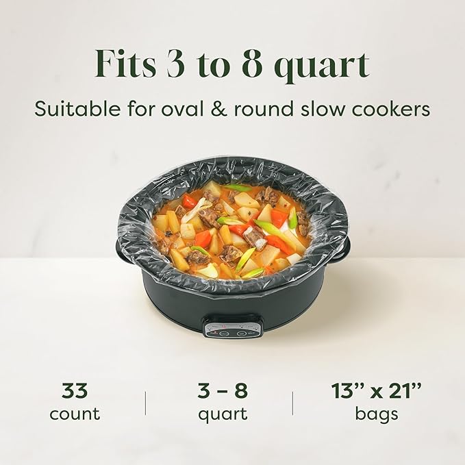 Slow Cooker Liners, Disposable Oval Large Size 13" x 21", 33 Count, Fits 3-8 Quart Pot Cooking Bags for Easy Cleanup, Food Safe & Leak-Proof