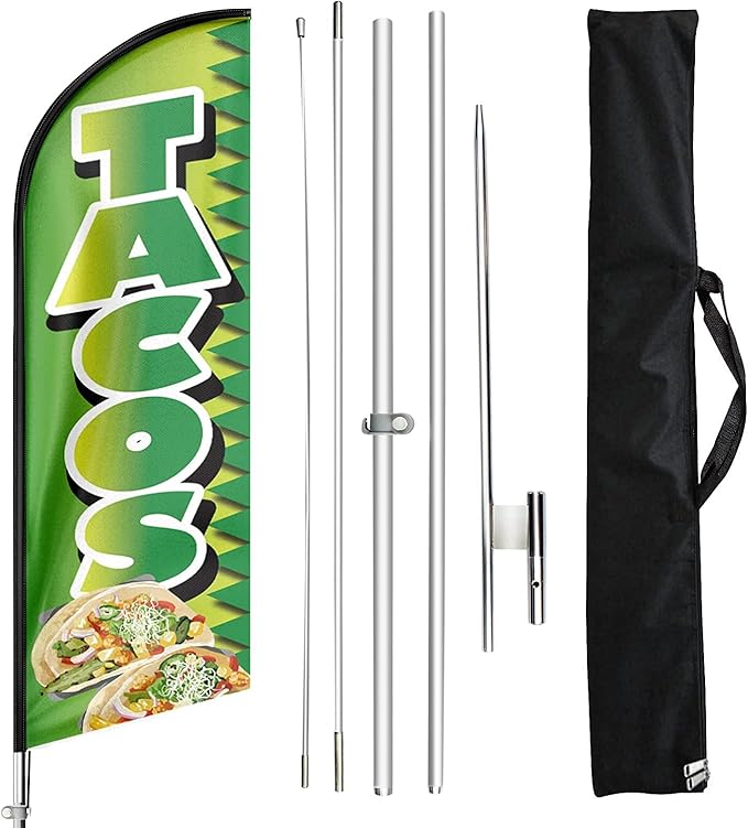 Tacos Swooper Feather Flag with Pole Kit and Ground Stake, 11FT Advertising Banner Sign for Tacos, Burritos and Mexican Food Businesses