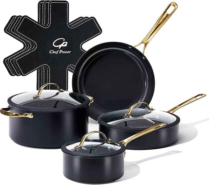 Chef Power Ceramic Cookware Sets, 10Pcs Pots and Pans Set Non Stick, Cookware Set with Stainless Steel Handle, Dishwasher & Oven Safe, Stone Black and Light Gold Handle