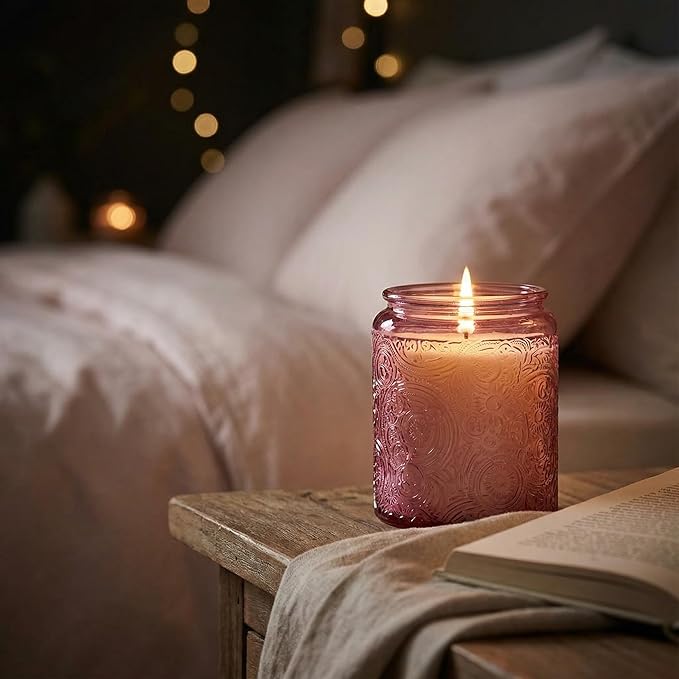 Art Secret 9-Pack 8oz Embossed Glass Candle Jars with Lids and Labels - Sun Moon Stars Design (Pink)