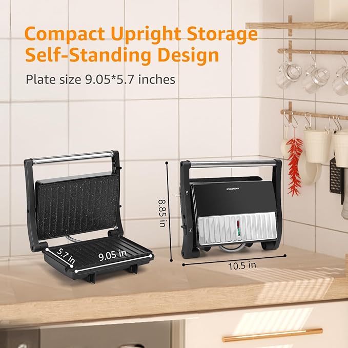 Panini Press Grill, Aigostar 1000W Sandwich Maker with Ceramic Non-stick Plates, Opens 180 Degrees for Any Size Food, 3-in-1 Sandwich Press Electric Grill, Drip Spout & Locking Lid, Sliver