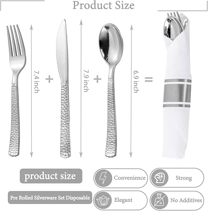 WELLIFE 300PCS Silver Plastic Silverware,Pre Rolled Silverware Set Disposable,Hammer Pattern Design,Disposable Cutlery Includes: 75 Forks, 75 Knives, 75 Spoons, 75 Napkins