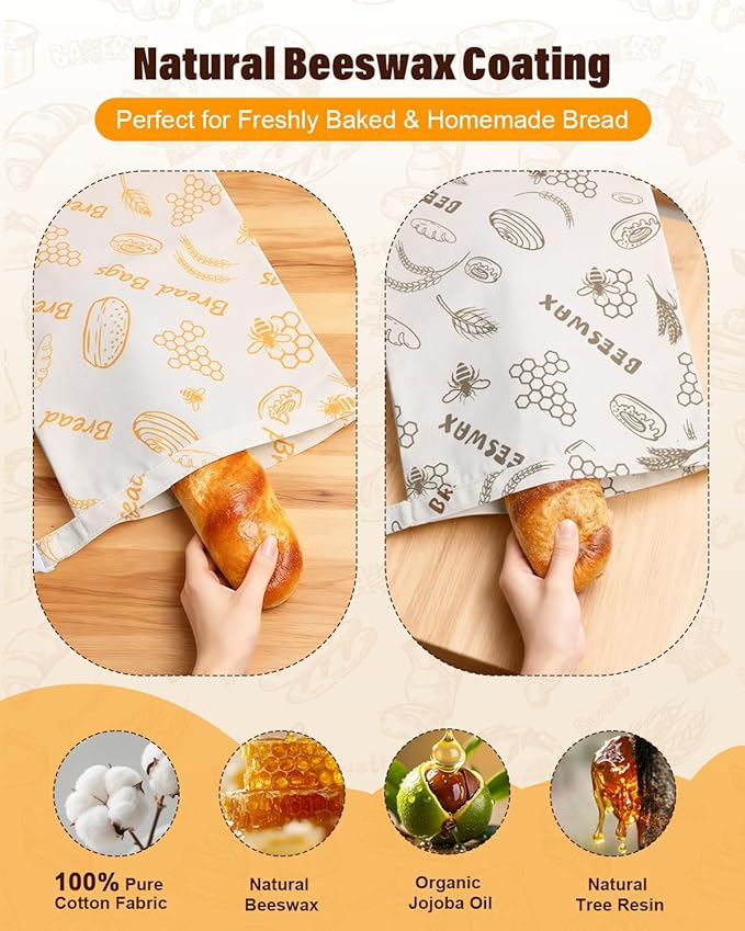 Reusable Bread Bags for Sourdough - Beeswax Cotton Bread Bags for Homemade Bread, Thicker Cloth Design for Freezing to Keep Bread Fresh, 2 Pack XL 17x13 Inch