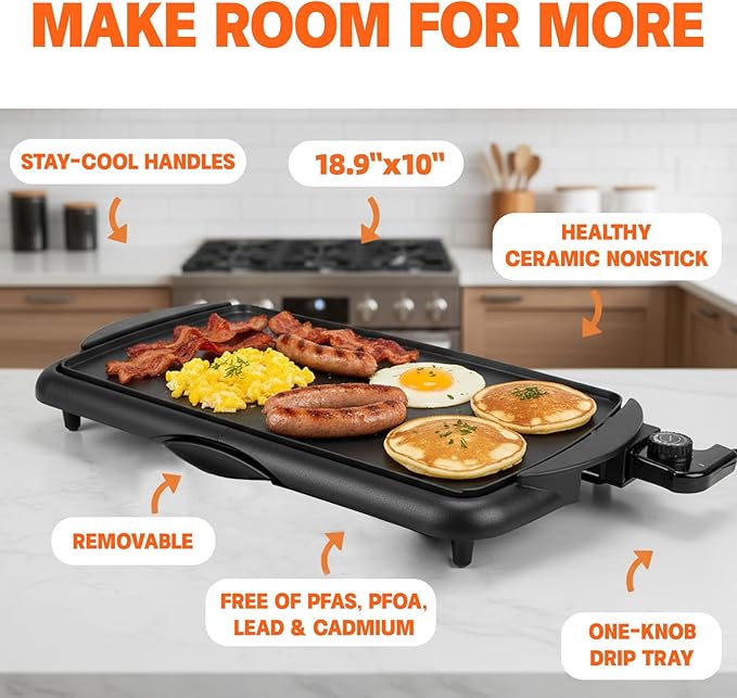 20" Electric Griddle, Ceramic Non-Stick Baking Pan Attemperation Griddle, 1400W Family-Sized Electric Skillet Extra Large Surface and Adjustable Temperature, Slide-Out Drip Tray, Black