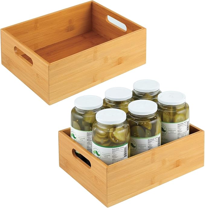 mDesign Kitchen Storage Box - Large Wooden Box with Handles - Bamboo Kitchen Utensil Storage Box - 12" x 9" x 4" - Set of 2 - Nature