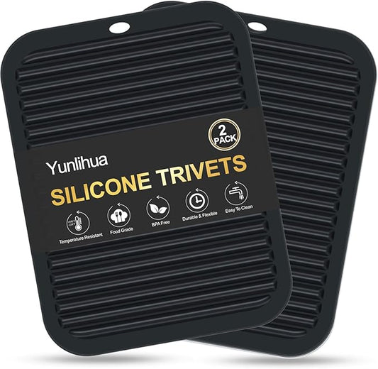 9"x12" Large Silicone Trivets for Hot Pots and Pans, Hot Dishes, 2 Non Slip Heat Resistant Mats for Countertop Table, Silicone Pot Holders Hot Pads for Kitchen, Food Grade & BPA Free, Black