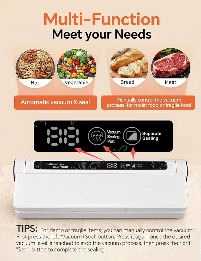 75KPa Vacuum Sealer for Food,Food Saver Vacuum Sealer Machine,Compact Lightweight,20 Vacuum Seal Bags,Digital Countdown Timer,Meat Food Storage,Home Kitchen Gadgets,Appliances
