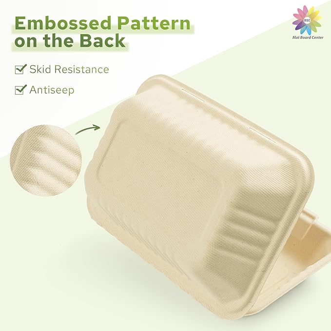 Mat Board Center, 9x 6x 3 inch, 250-Count Ribbed Hamburger Compostable Clamshell Bamware (Bamboo Fiber) Take-Out/to-Go Food Boxes-Biodegradable Containers Hinged Lid-Microwave-Safe-Gluten-Free
