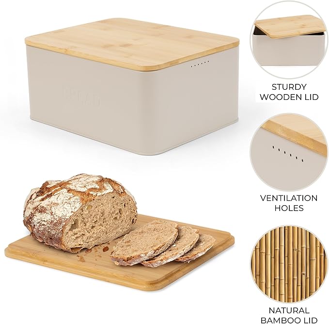 ZICOTO Beautiful Bread Box With Wooden Lid For Your Kitchen Countertop - Spacious Container Perfectly Stores Your Homemade Bread, English Muffins & Bagels - Quality Cutting Board Lid Keeps Loaf Fresh