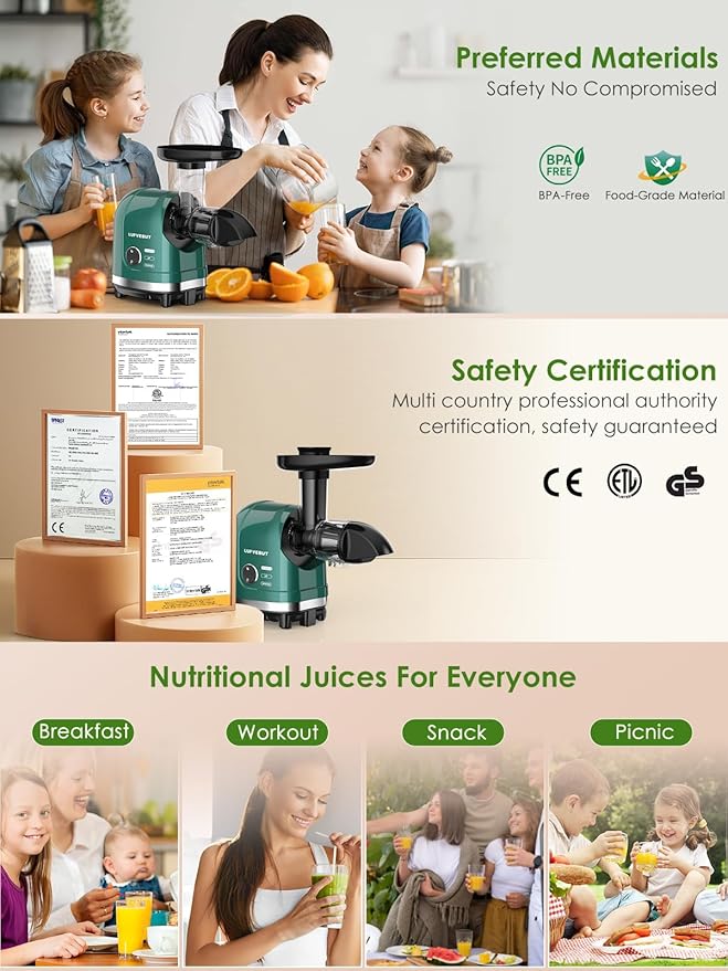 Vegetable Juicer for Celery Wheatgrass Spinach Ginger, Fruit Juicer Machines Slow Masticating Cold Press Juice Extractor Pulp Separated, Quiet Motor, Easy To Clean, BPA Free, Dishwasher Safe