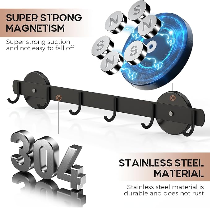 Magnetic Utensil Holder For Fridge, Heavy Duty Magnetic Coat Rack For Metal Door, Magnetic BBQ Tool Rack, Strong Magnet Bar With 6 Hooks Storage Hanger Hanging Kitchen Utensil, Coat, Towel, Grill Tool