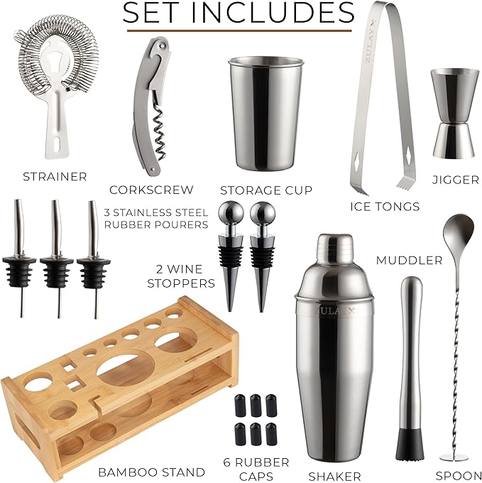 Zulay Kitchen 24 Piece Bartender Kit-Stainless Steel Bar Accessories with Display-Modern Mixology Shaker Set for At-Home Cocktails-Use for Mixer, Martini, Margarita and Liquer-Bar Tools (Silver)