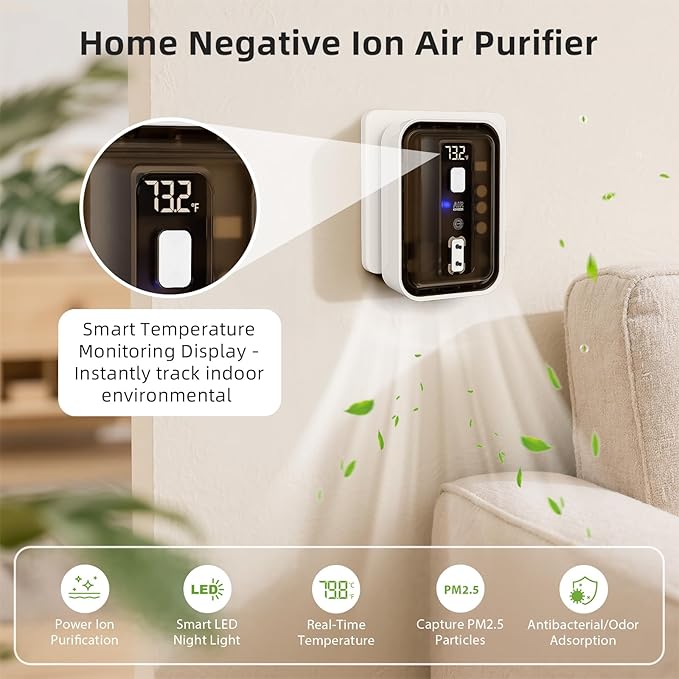 Plug-In Air Ionizers & Ionic Air Purifier — Negative Ion Generator, Ozone-Free Filterless Odor Eliminator, Pet & Litter Box Deodorizer, Quiet Bedroom/Kitchen/Bathroom Freshener with LED Light, Brown