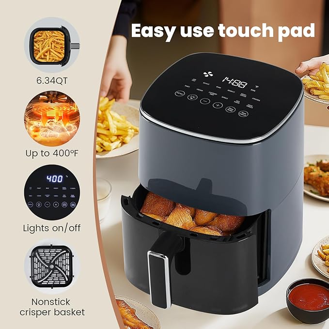 Air Fryer, 6QT Square Airfryer with Visual Window, 400°F Fast Heating Air Fryers Oven with Timer, Auto-Off, Non Toxic & Non Stick, Multiple 12 Modes for Roast, Bake, Dehydrate, Fry, Reheat