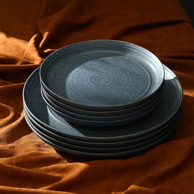 Stone Lain Elio 12-Piece Dinnerware Set Stoneware, Plates and Bowls Set, Dish Set for 4, Blue