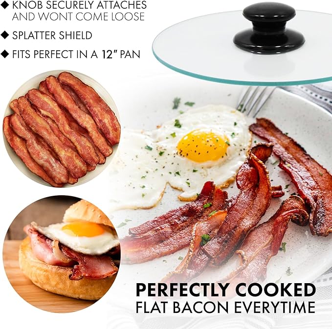Northwest Enterprises Bacon Press, Round Tempered Glass Bacon Press and Splatter Shield, Perfectly Cooked Flat Bacon Every time! (10 Inch)