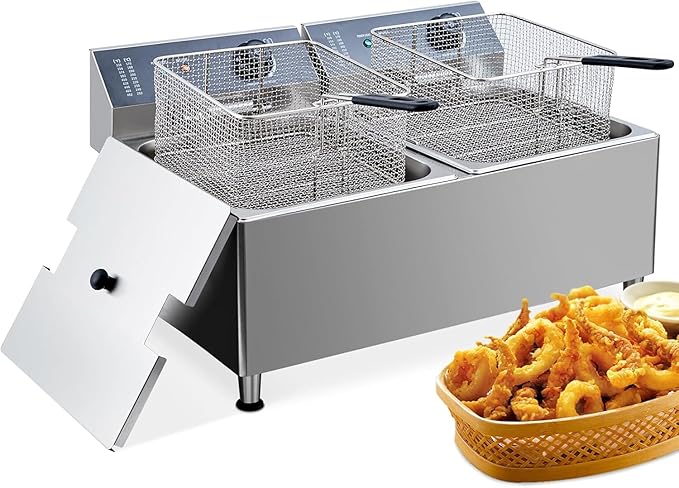 23.2 QT/22 L Commercial-Grade 3400W Deep Fryer，2 Extra-Thick Baskets with 304 Stainless Steel, Electric Fryer Splash Guard Lid & Adjustable Thermostat for Restaurant, Catering, Home Kitchen