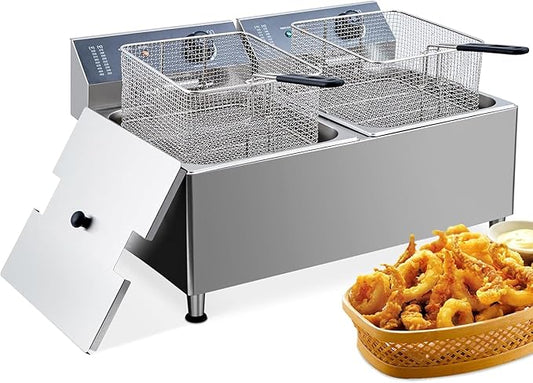 23.2 QT/22 L Commercial-Grade 3400W Deep Fryer，2 Extra-Thick Baskets with 304 Stainless Steel, Electric Fryer Splash Guard Lid & Adjustable Thermostat for Restaurant, Catering, Home Kitchen