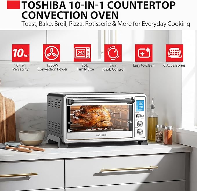 TOSHIBA 10-in-1 Convection Toaster Oven, 6-Slice Countertop Oven, 1500W with Toast, Bake, Broil, Rotisserie & Pizza Functions, LCD Knob Controls, 6 Accessories, Stainless Steel
