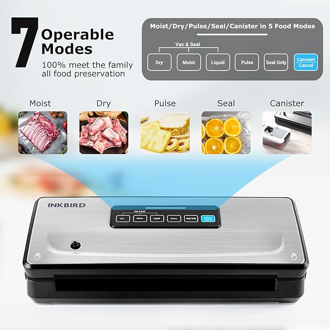 Food Vacuum Sealer Machine 10-In-1 with Bag Storage(Up to 20FT) and Cutter, INKBIRD Food Sealer Vacuum Sealer for Food with Moist/Dry/Canister 5 Food Modes, Starter Kits Bags*5 and Bag Roll*1, 85KPa