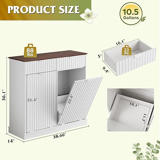 WLIVE 2 * 10 Gallon Double Tilt Out Trash Can Cabinet, Hidden Trash Can Cabinet with Storage Drawers,Food/Clothes Storage Pet Proof Wooden Trash bin Cabinet for Kitchen, Home, Laundry (White)