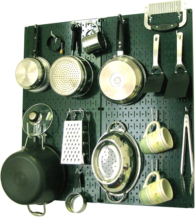 Wall Control Kitchen Pegboard Organizer Pots and Pans Storage Rack Organization Kit with Green Pegboard and White Accessories