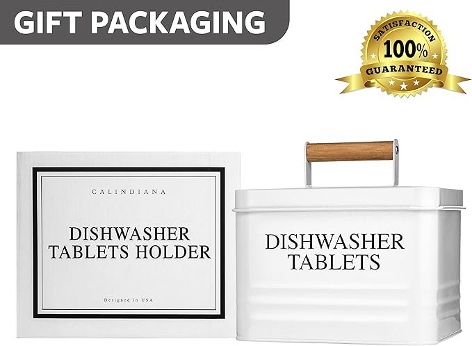 Calindiana Modern Farmhouse Metal Dishwasher Pods Container Holder with Lid for Kitchen Organization and Storage, Kitchen Essentials Decor Accessories, White