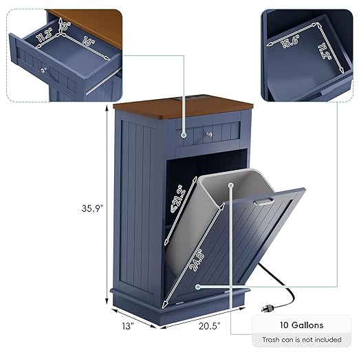 Betterhood Double Tilt Out Trash Cabinet with Power Outlet, 10 Gallon Trash Cabinet with Storage,Pet Proof Trash Can with 2 AC & USB Sockets for Kitchen,Living Room (Blue, Single Door)