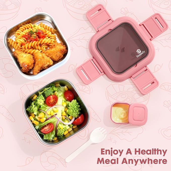 Sinnsally Bento Box Adult Lunch Box with Stainless Steel Container,Metal Lunchable Food Storage Container with Sauce Jar (Pink)