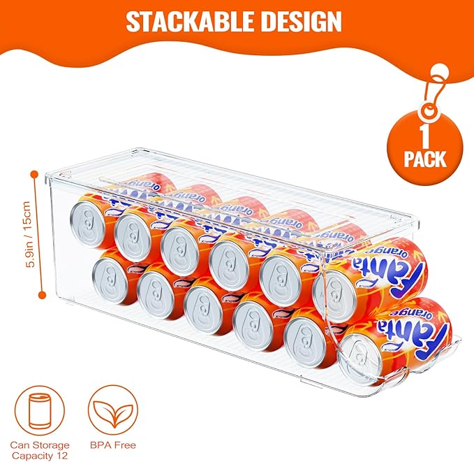 SCAVATA Soda Can Organizer for Refrigerator, Stackable Canned Food Pop Cans Container Can Holder Dispenser with Lid for Fridge Rack Freezer, Clear Storage Bins-Holds 12 Cans Each (One)