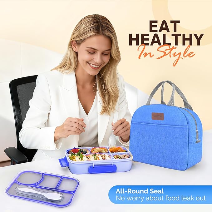 EASYFUN Bento Lunch Box Set Bento Box, 4-Compartment Lunch Containers,High Capacity Lunch Tote Bags for Work, Travel, Outdoor (Blue)