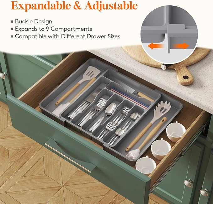 Lifewit Utensil Organizer for Kitchen Drawer, Expandable Cooking Silverware Tray, Adjustable Cutlery Flatware Holder, Plastic Spatula Tools Storage Divider, 11.8-19.6 x 15", Gray