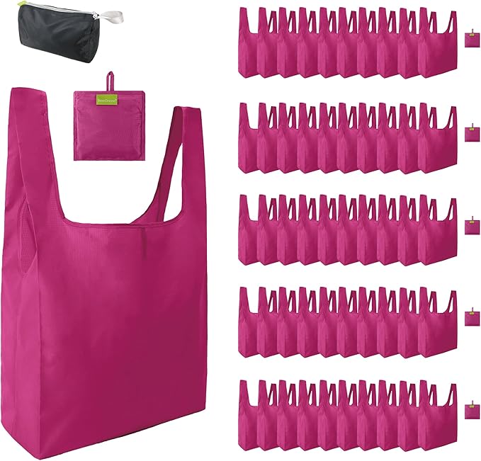 BeeGreen Cerise Reusable Grocery Bags Wholesale Reusable Kitchen Bags Bulk Foldable-Machine Washable with Zipper Storage Pouch 50 Packs
