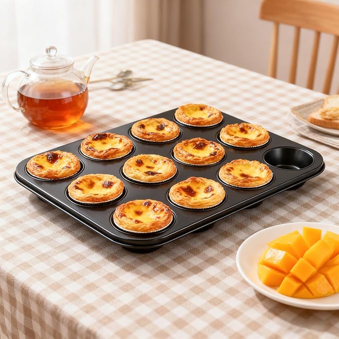 12-Cup Muffin Pan, Non-Stick Cupcake Baking Tin, 4 Pack Carbon Steel Cup Cake Tray for Oven Baking Cheesecake, Quiche, Easy Clean, Gray, 13.9"x10.4"x1.1"