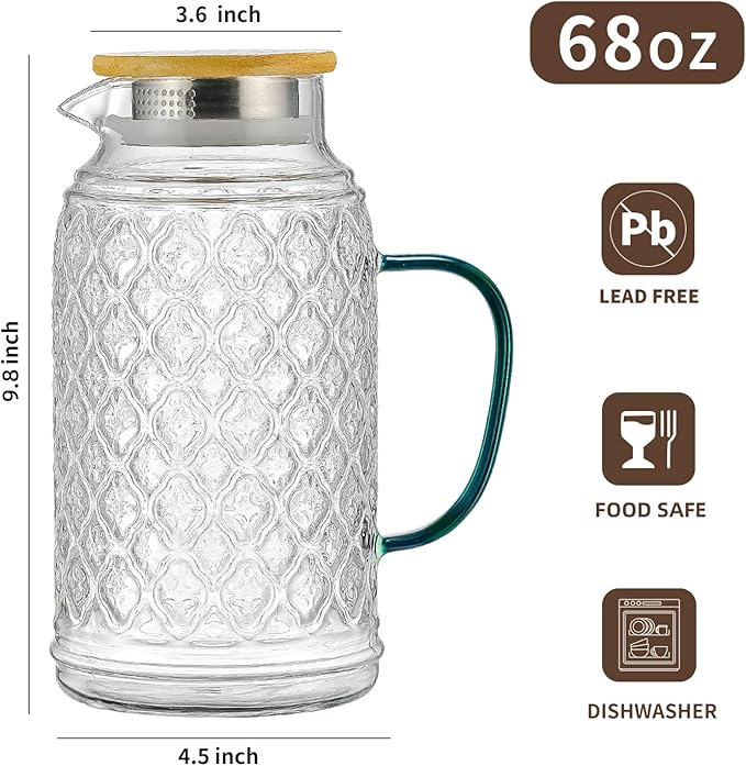 Buaic 2 PACK Glass Pitcher with Bamboo Lid, 68 oz/2L Vintage Water Pitcher, Clear Borosilicate Glass Water Carafe for Cold Brew, Coffee, Lemonade, Iced Sun Tea,Beverage, Heat Resistant Water Glass Jug