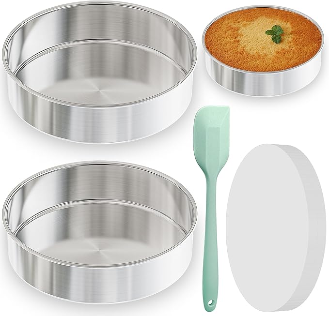9½ Inch Cake Pan Set of 2, Nonstick Circle Stainless Steel Round Layer Cake Baking Pans Tins with 100PCS Parchment Paper for Birthday Christmas, Healthy & Non-Toxic, Silicone Spatula & Dishwasher Safe