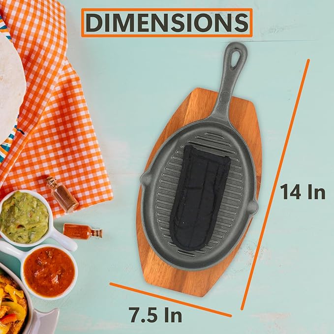 Mr. Bar-B-Q Cast Iron Fajita Skillets Set, Pre-Seasoned Non-Stick Sizzling Plate, Wooden Base w/Cloth Handle, Sizzler Steak Plate, Cast Iron Skillets for Diners, Bar, Restaurants, Caterings & Parties