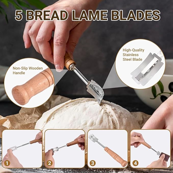 9 Inch Round Sourdough Proofing Basket, 7-Piece Complete Starter Kit with Linen Liner & Baking Tools, Bread Baking Supplies & Accessories Gift Set, Local Warehouse Shipment (1 Pack)