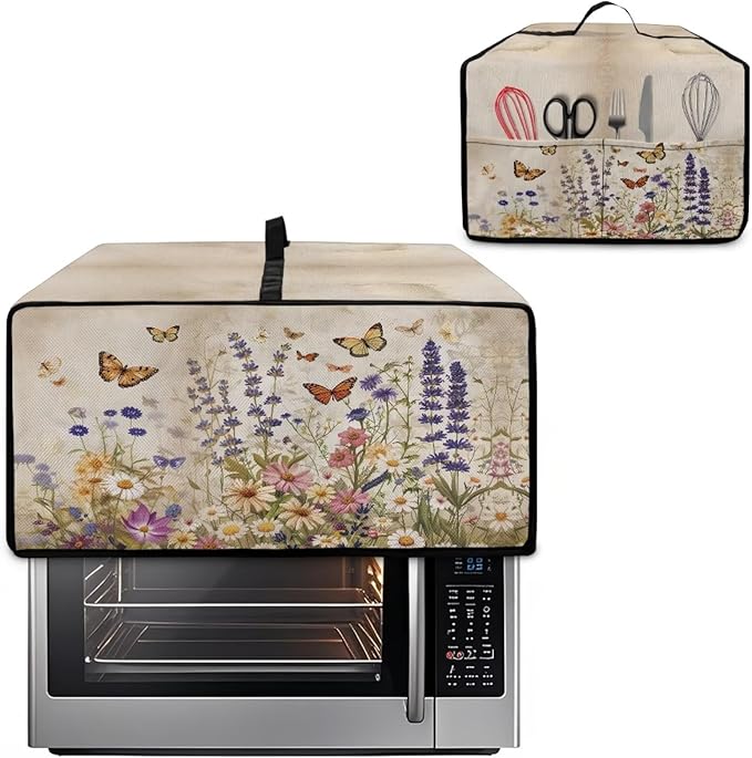 Toaster Oven Cover Washable Small Kitchen Appliance Dust Cover with Pockets, for Air Fryer Toaster Ovens, Microwaves, S, 14.5 x 18.5 x 9 Inches, Retro Floral Butterfly Print