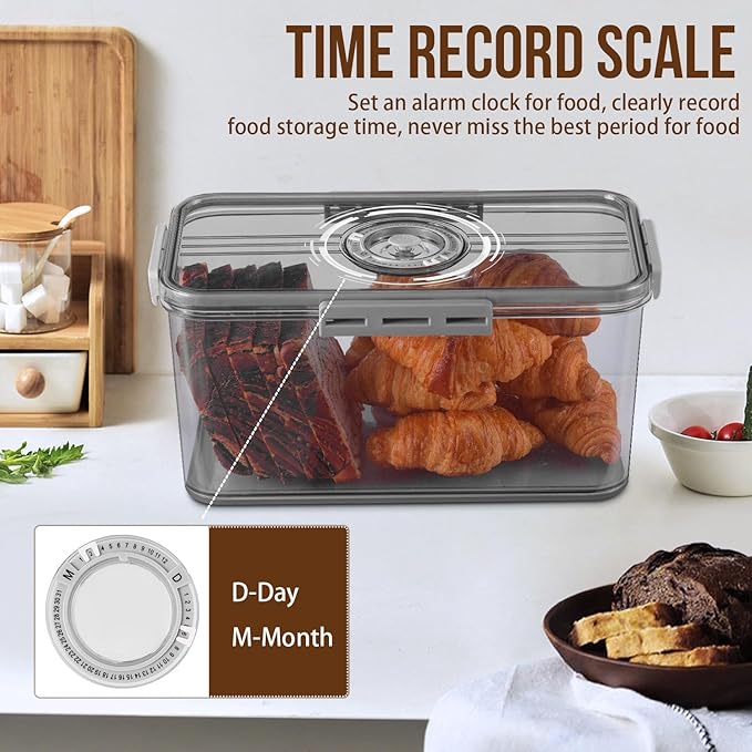 Gifhomfix Bread Box Bread Boxes for Kitchen Counter Airtight, Time Recording Bread Storage Container with Lid, Bread Keeper for Homemade Bread, Toast, Bagel, Donut and Cookies, LARGE Dark Grey