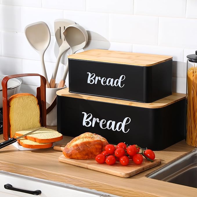 Teenyyou 2 Pcs Extra Large Bread Box with Slicer, Metal Farmhouse Bread Storage Container with Bamboo Cutting Board Lids Multi-size Breadbox Set for Kitchen Countertop(Black)