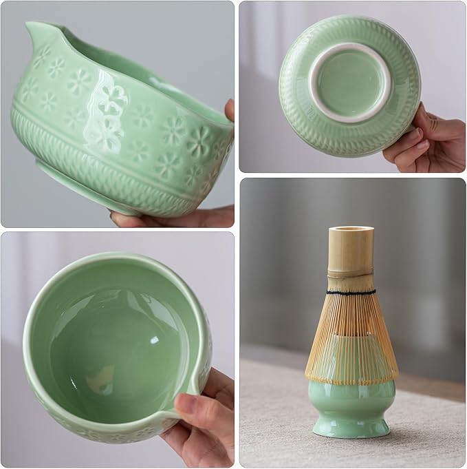Buucup Matcha Whisk Set, Ceramic Matcha Kit Set Includes Matcha Bowl, Matcha Whisk and Holder, Bamboo Scoop, Scoop Rest, Sifter and Tea Towel - 7 Pcs Matcha Kit for Matcha Lovers (Green)