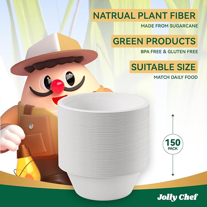 JOLLY CHEF Compostable Disposable Paper Bowl [12 oz] Heavy Duty Soup Containers [150 Pack] Biodegradable Bagasse Hot Cold Food Eco-Friendly Sugarcane Microwavable Bowls for Salad Milk Thanksgiving Day