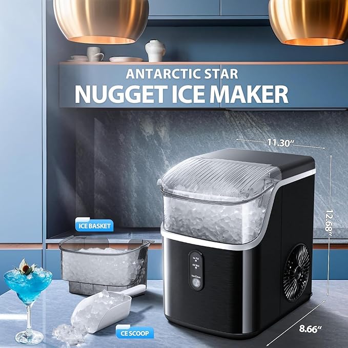 Antarctic Star Nugget Ice Maker Countertop,Ready in 6 Mins, 36Lbs Every 24H, Self-Cleaning, One Button Operation,for Home/Kitchen/Camping/RV. (Black)