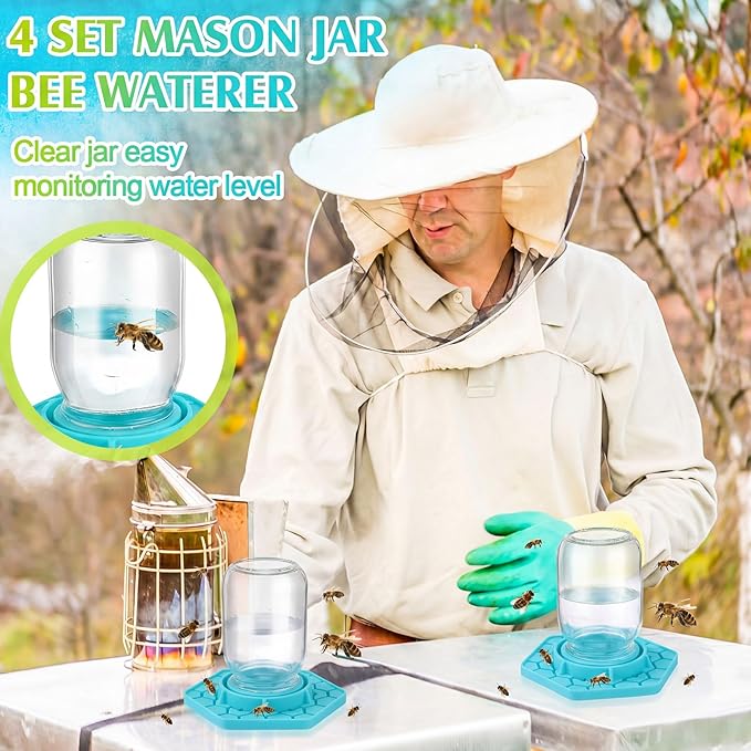 4 Pack Bee Feeder for Mason Jar Bee Watering Station Garden Silicone Sugar Water Feeder Beekeeping Drinking Equipment Tools with Mason Jars for Drinking Water(Teal)