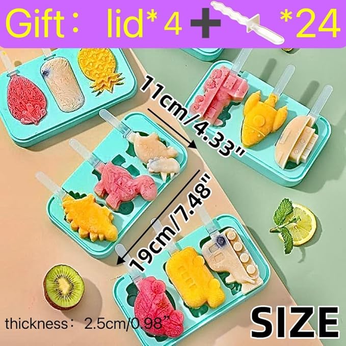 4 PCS Cute Silicone Ice Cube Mold Set For Toddlers and Kids, BPA-Free Food Grade Ice Tray, Homemade Frozen Popsicle Maker Mold (4 PCS（fruit*1+dinosaur*1+airplane*1+car*1))