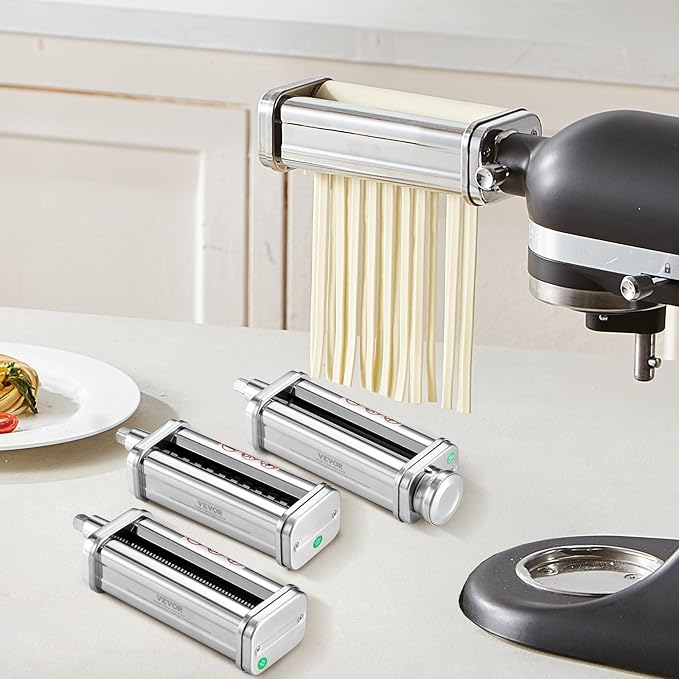 VEVOR Pasta Attachment for KitchenAid Stand Mixer, Stainless Steel Pasta Maker Attachment Includes Pasta Sheet Roller, Spaghetti Cutter, Fettuccine Cutter, 8 Adjustable Thickness Knob Pasta Maker 3Pcs