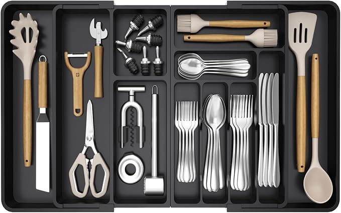 Lifewit Utensil Organizer for Kitchen Drawer, Expandable Cooking Silverware Tray, Adjustable Cutlery Flatware Holder, Plastic Spatula Tools Storage Divider, 21.3- 36 x 16.9", Black