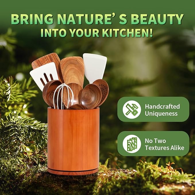 Wooden Utensil Holder, 360°Rotating 7.3'' Large Utensil Holder for Kitchen Counter, Kitchen Utensil Organizer, Utensil Crock, Farmhouse Kitchens Countertop Decor, Cherry-finish