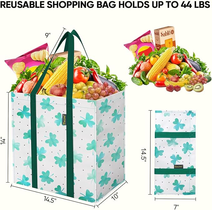 BALEINE 4 PK Grocery Bags Reusable Shopping Bags with Reinforced Bottom, Heavy Duty Foldable Tote Bags (Clover)